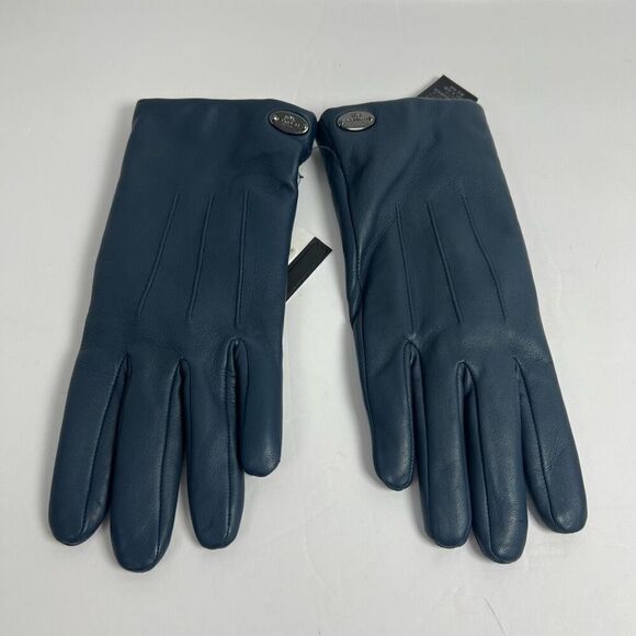 Coach Leather Gloves Denim Blue Size 7 Cashmere Lining Wrist Length Classic - Picture 1 of 5